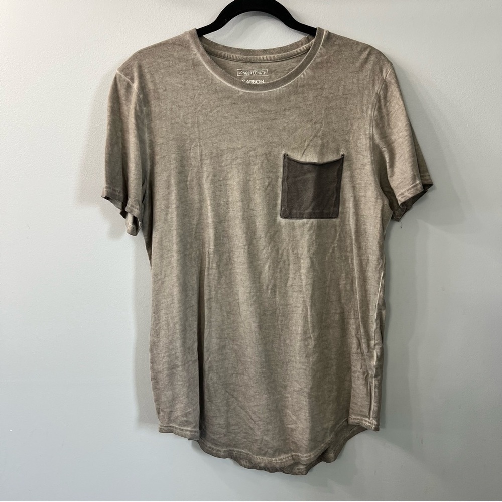 Carbon Distressed Washed Tan Short Sleeve Longer Length Cotton Shirt Small